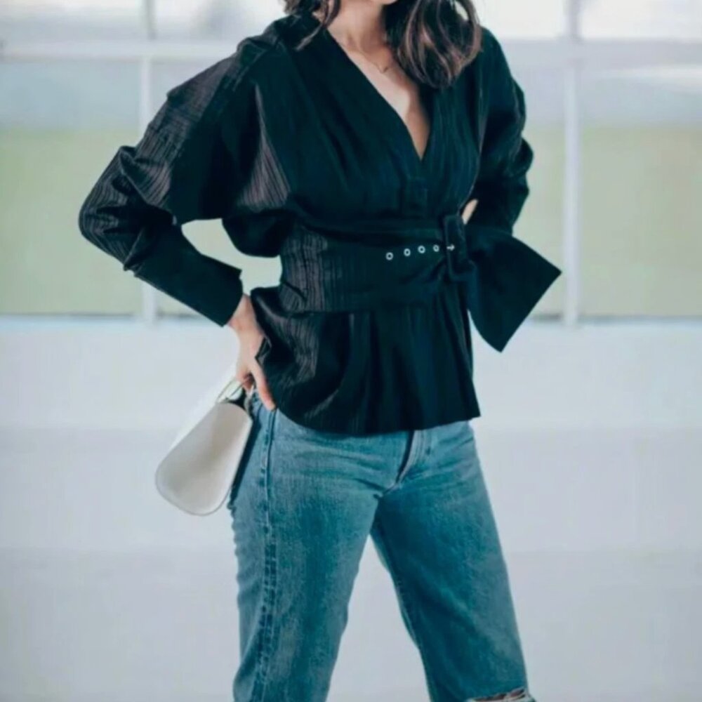 C/MEO Collective Black Textured V-Neck Blouse